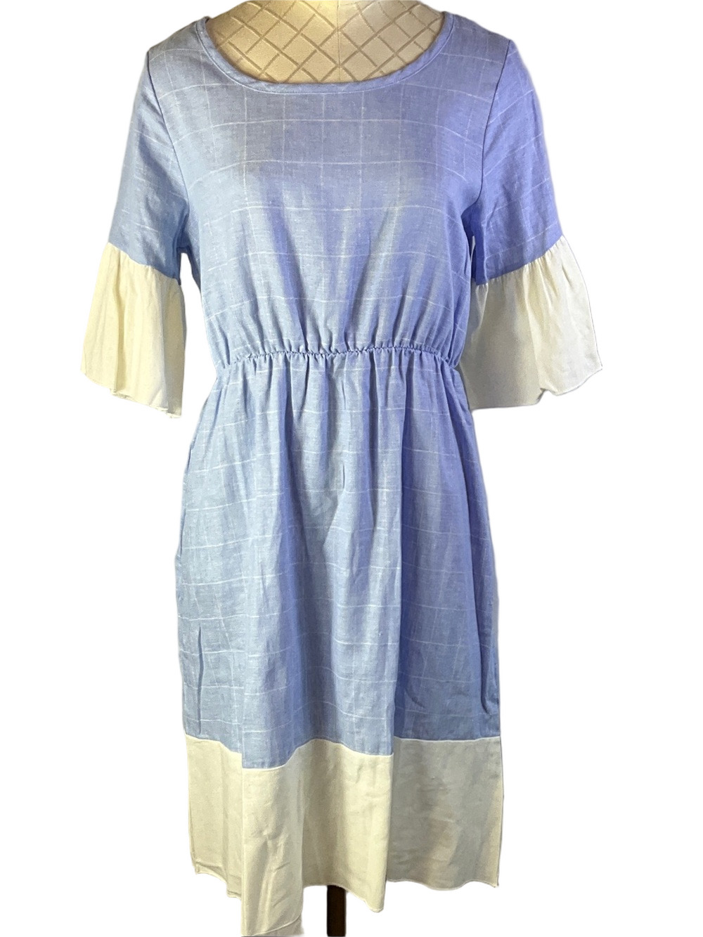 Hailey & Co Linen Grid Pattern 3/4 Length Flutter Sleeve Midi Dress Size Medium